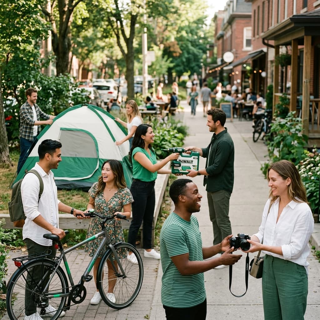 People sharing and renting items in a neighborhood